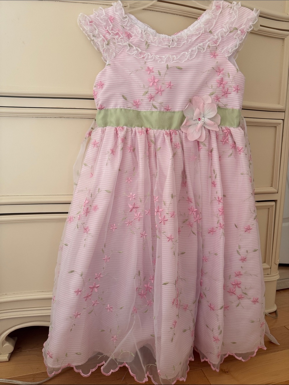 Jona Michelle Light Pink Floral Organza Dress with Green Sash